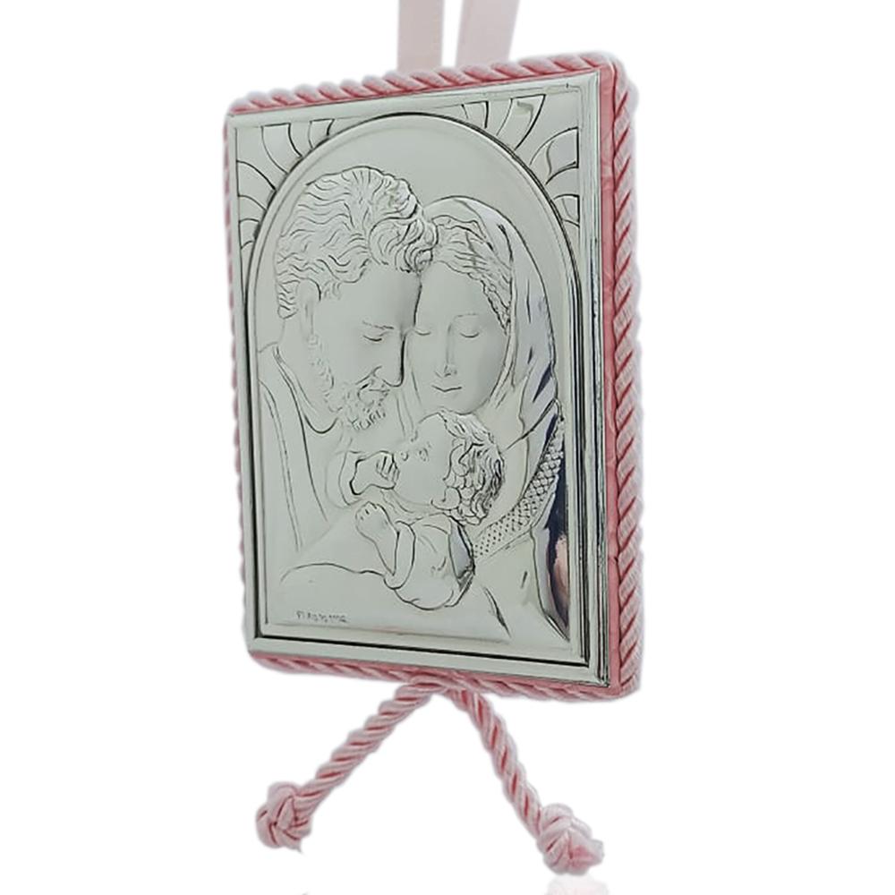 Capoculla medaglione rosa rettangolare cm 9x7 sacra famiglia laminata argento